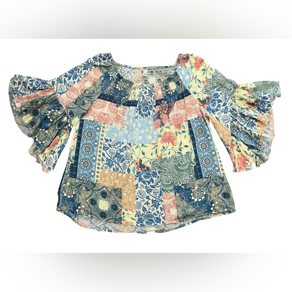 Cato Multicolor Patchwork Off-Shoulder Blouse NWT - image 2